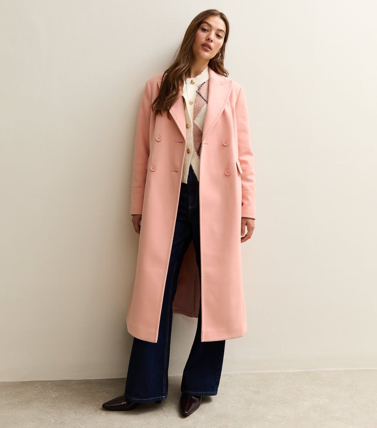 New Look Women's Pale Pink Double Breasted Midi Coat New Look