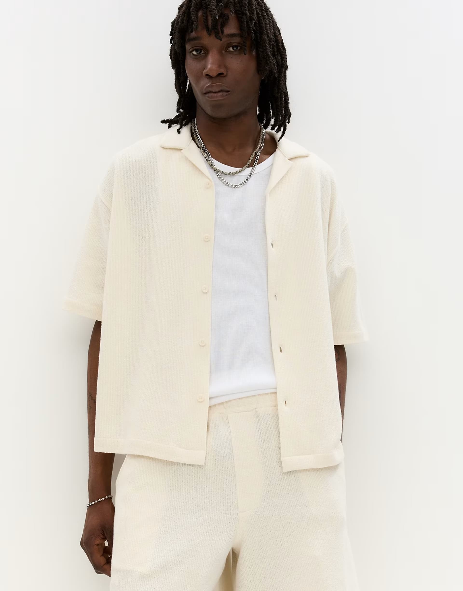 ASOS Pull&Bear short sleeve rustic shirt in off white