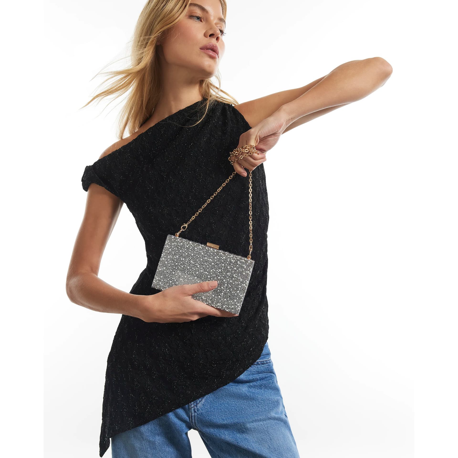 River Island River Island Womens Silver Pearl And Diamante Hard Clutch Bag