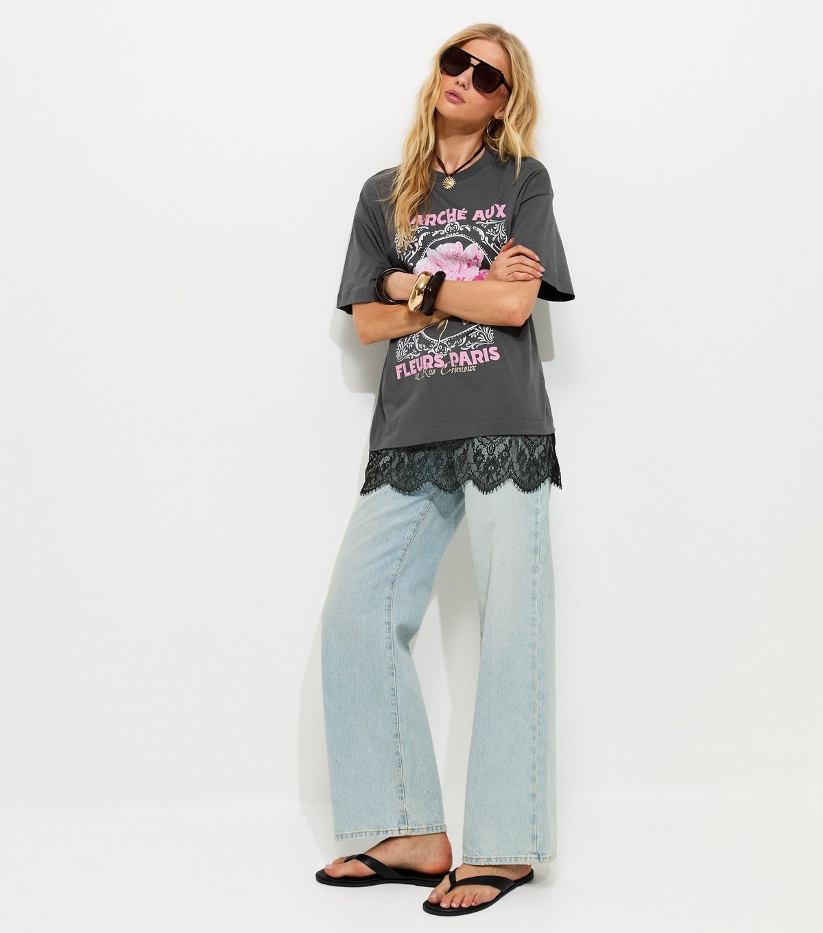 New Look Women's Dark Grey Oversized Flower Print Lace Hem T-Shirt New Look - 3