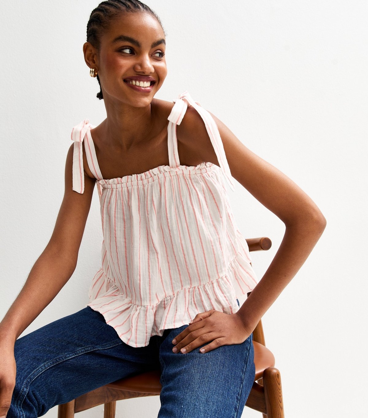 New Look Women's Tall Pink Striped Cotton Tie Shoulder Cami Top New Look - 2