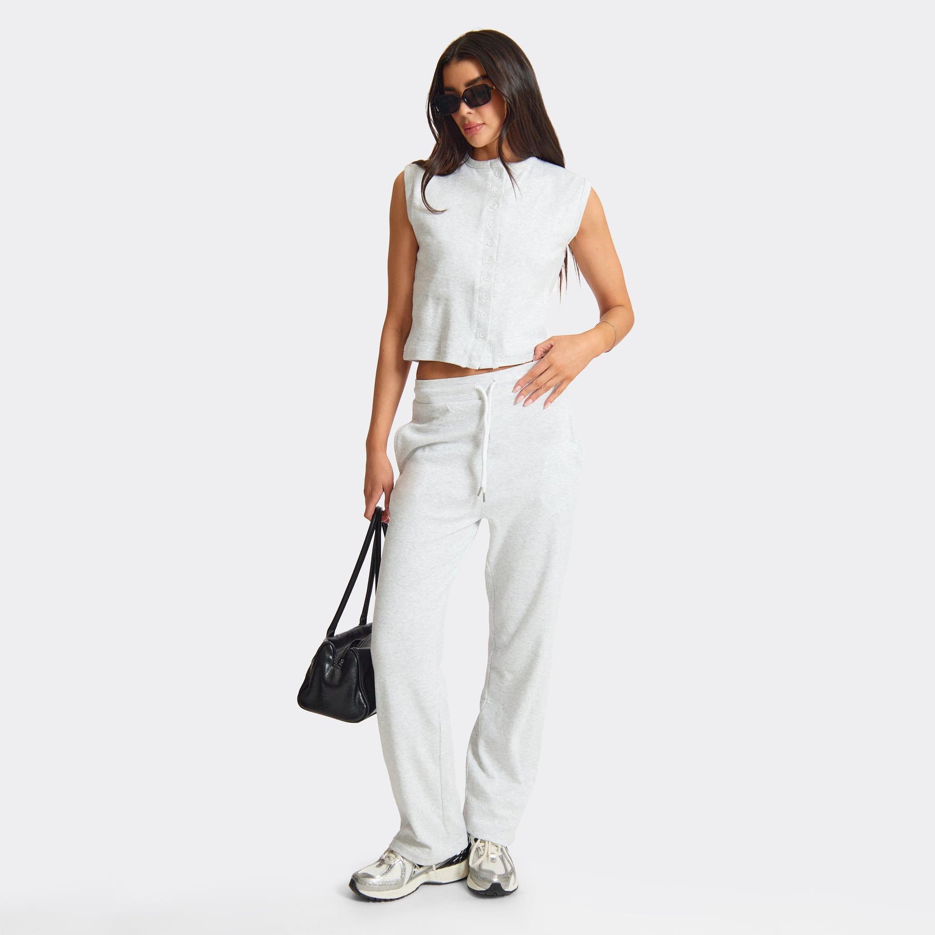 EGO Drawstring Waist Straight Leg Joggers In Light Grey Marl Ribbed, Women's Size UK L