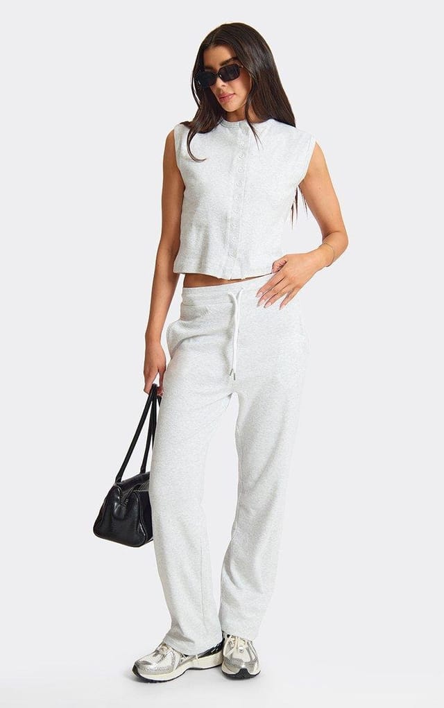 EGO Drawstring Waist Straight Leg Joggers In Light Grey Marl Ribbed, Women's Size UK L - 2
