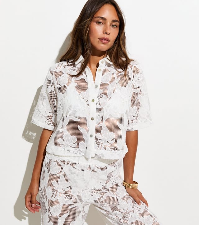 New Look Women's Premium White Embroidered Netted Floral Lace Beach Shirt New Look - 2