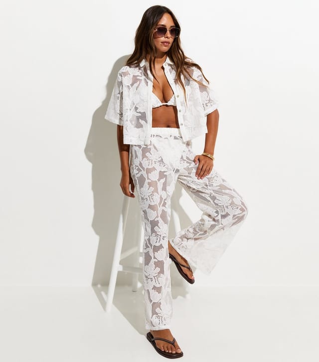 New Look Women's Premium White Embroidered Netted Floral Lace Beach Shirt New Look - 3