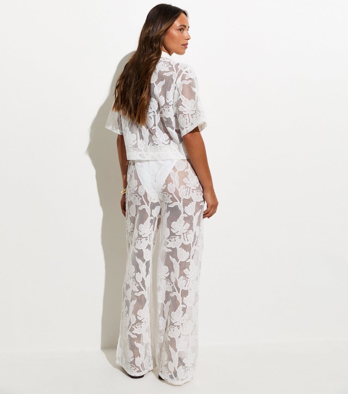 New Look Women's Premium White Embroidered Netted Floral Lace Beach Shirt New Look - 4