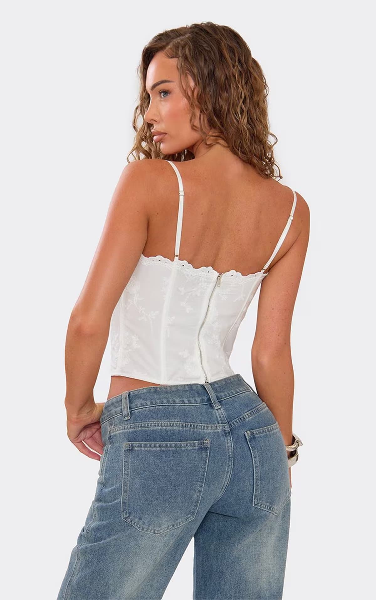 EGO Strappy Corset Top In White Broderie., Women's Size UK 6