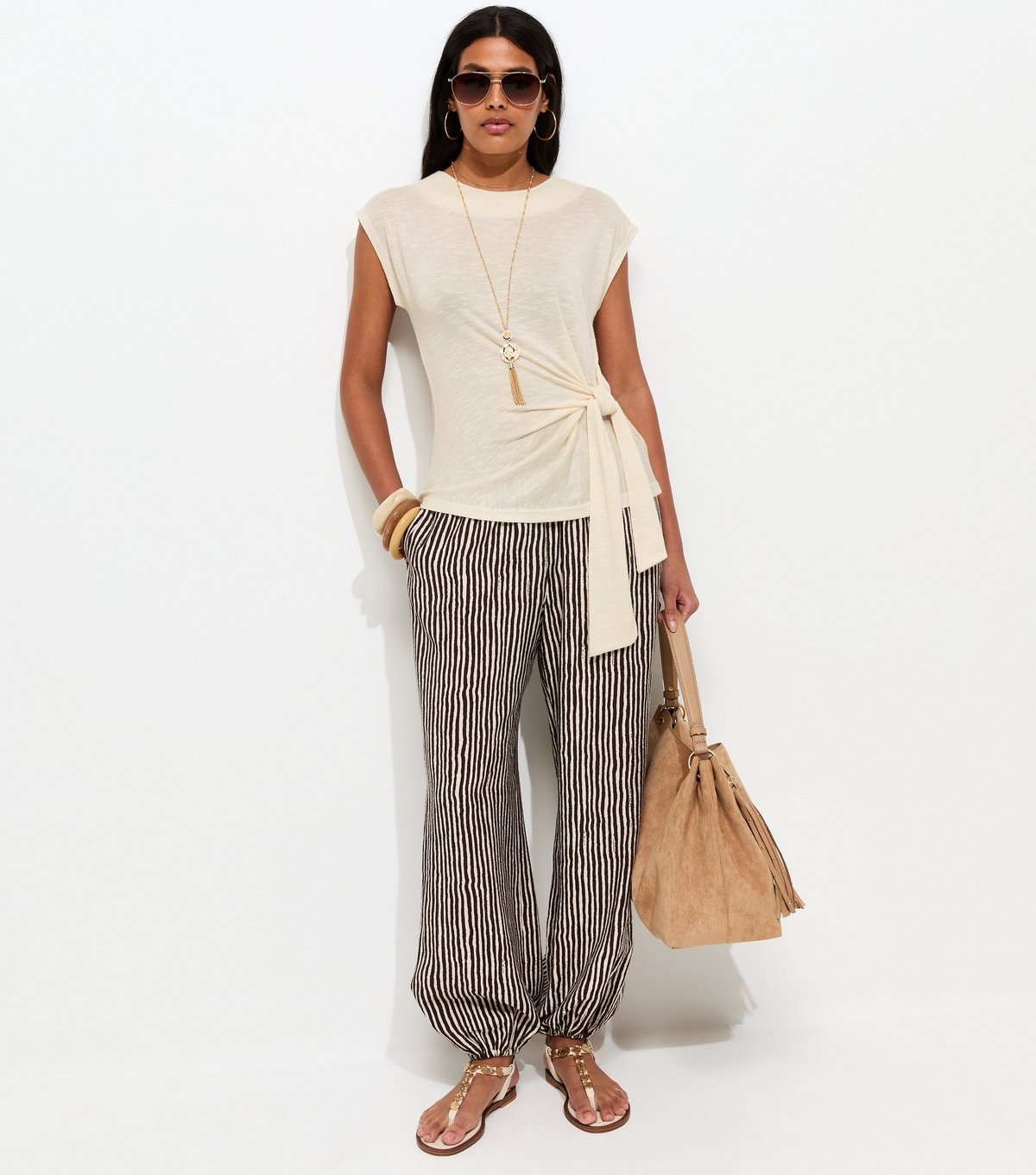 New Look Women's Cream Soft Touch Slubby Tie Front Top New Look - 2