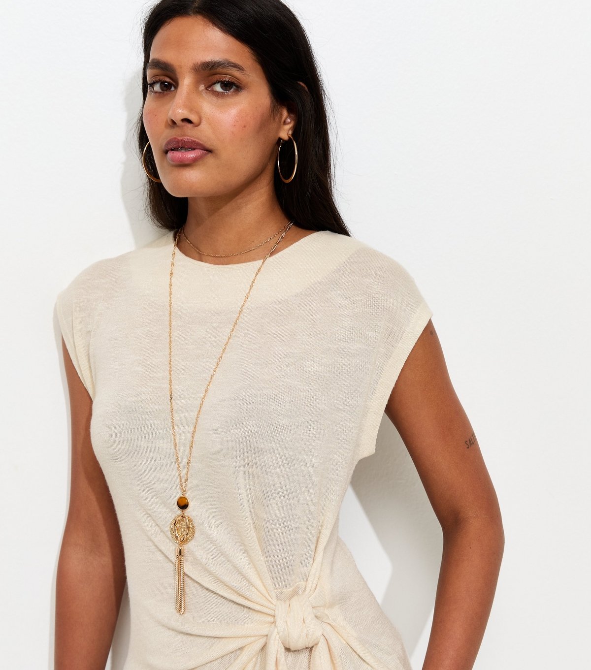 New Look Women's Cream Soft Touch Slubby Tie Front Top New Look - 3