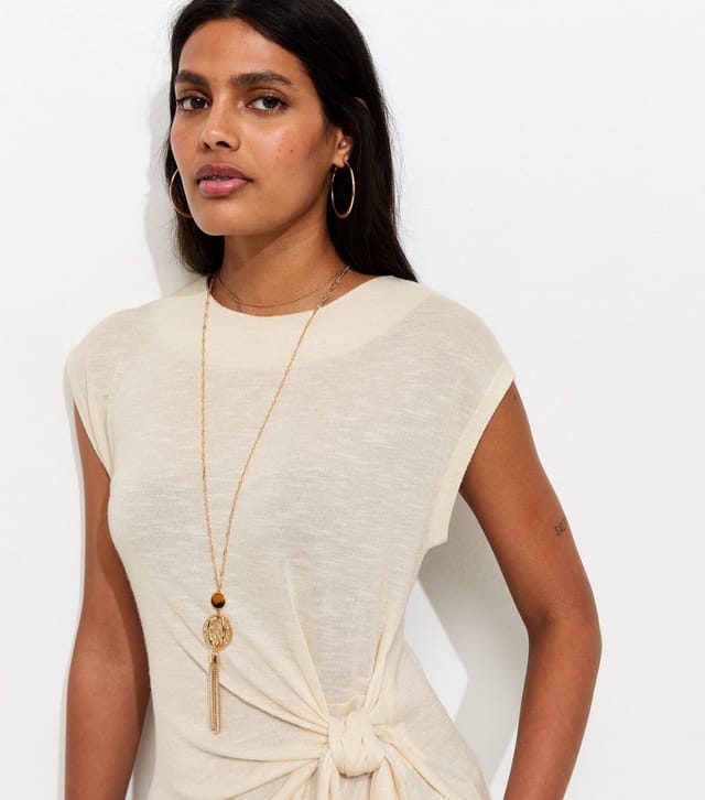 New Look Women's Cream Soft Touch Slubby Tie Front Top New Look - 3