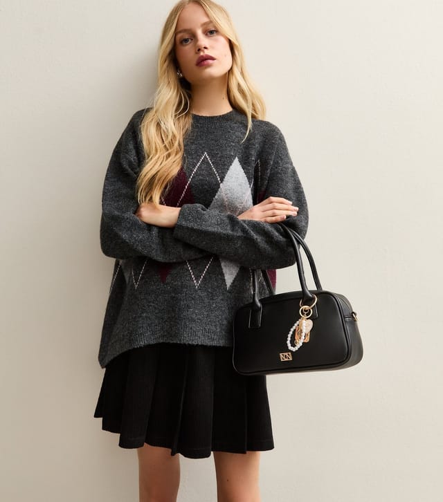 New Look Women's Dark Grey Argyle Knit Oversized Jumper New Look - 2