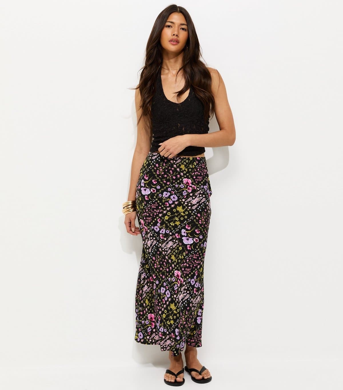 New Look Women's Black Botanical Pattern Bias Cut Midi Skirt New Look