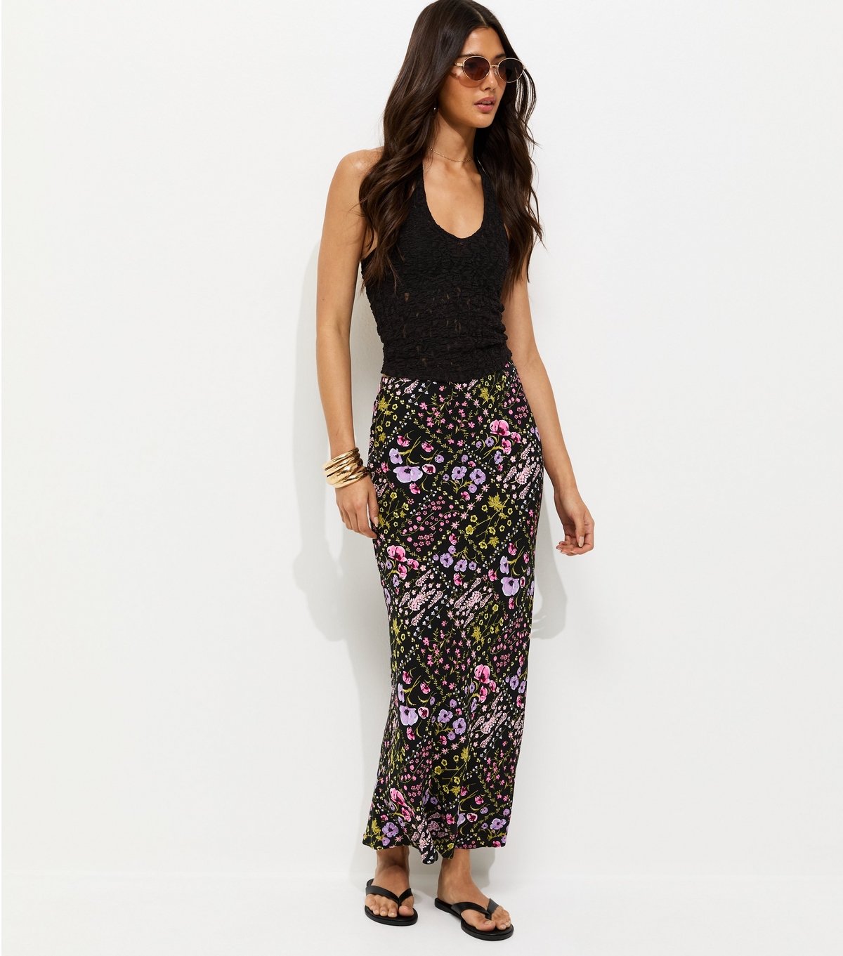 New Look Women's Black Botanical Pattern Bias Cut Midi Skirt New Look - 3