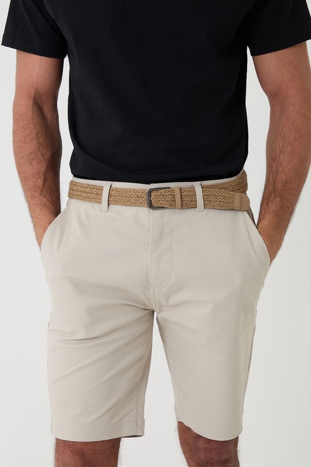 Threadbare Threadbare Men's Cotton Chino Shorts with Woven Belt in Light Stone - 3