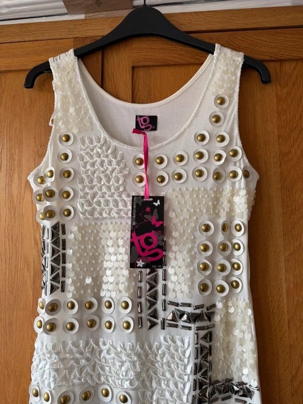 Topshop NWT Topshop Y2K Embellished Mini Dress Studded Sequin Ivory White Size 10 Tunic - 1
