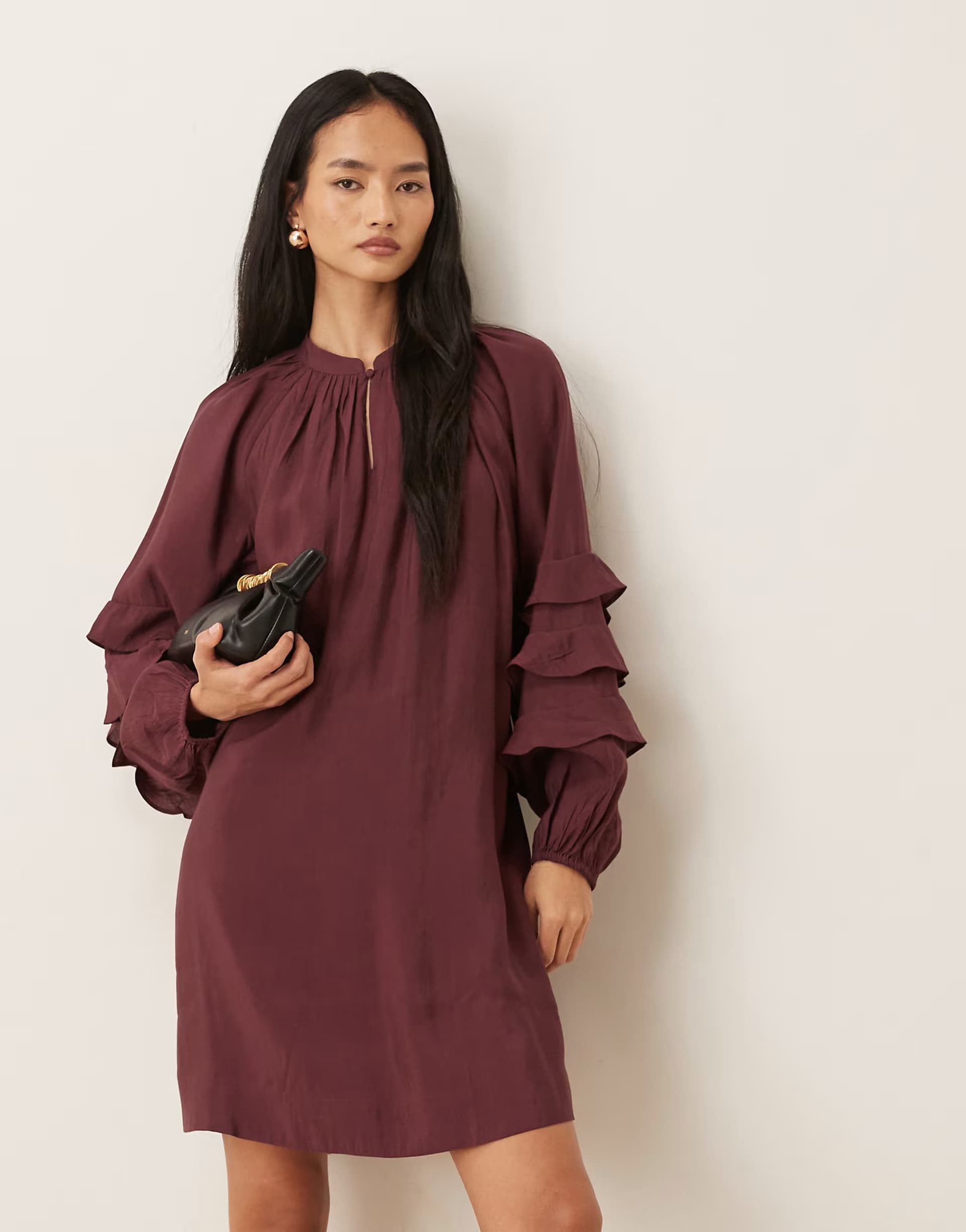 ASOS YAS boho ruffle sleeve mini dress with tie waist in burgundy