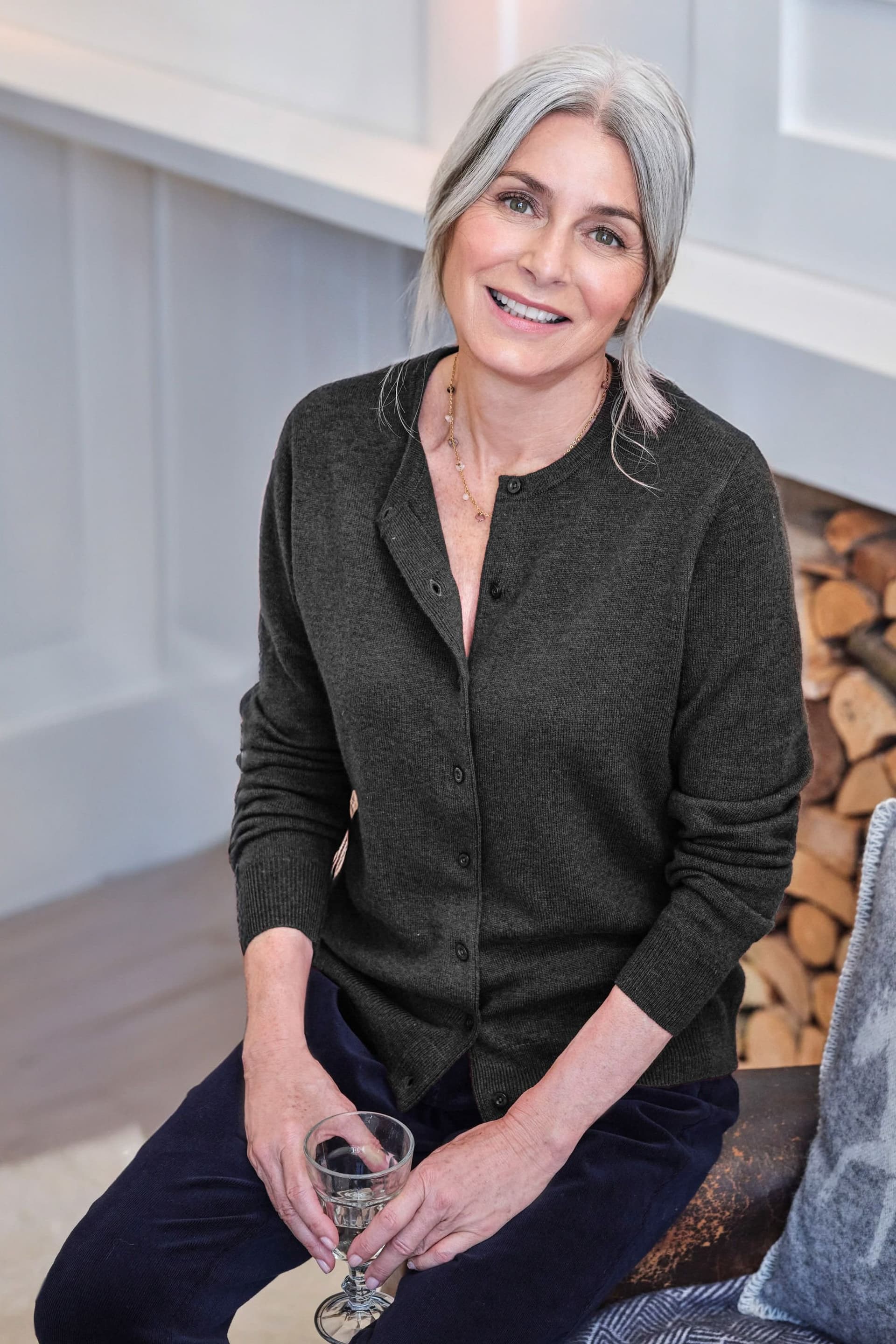 WoolOvers WoolOvers Women's Cashmere & Merino Crew Neck Cardigan Womens in Charcoal
