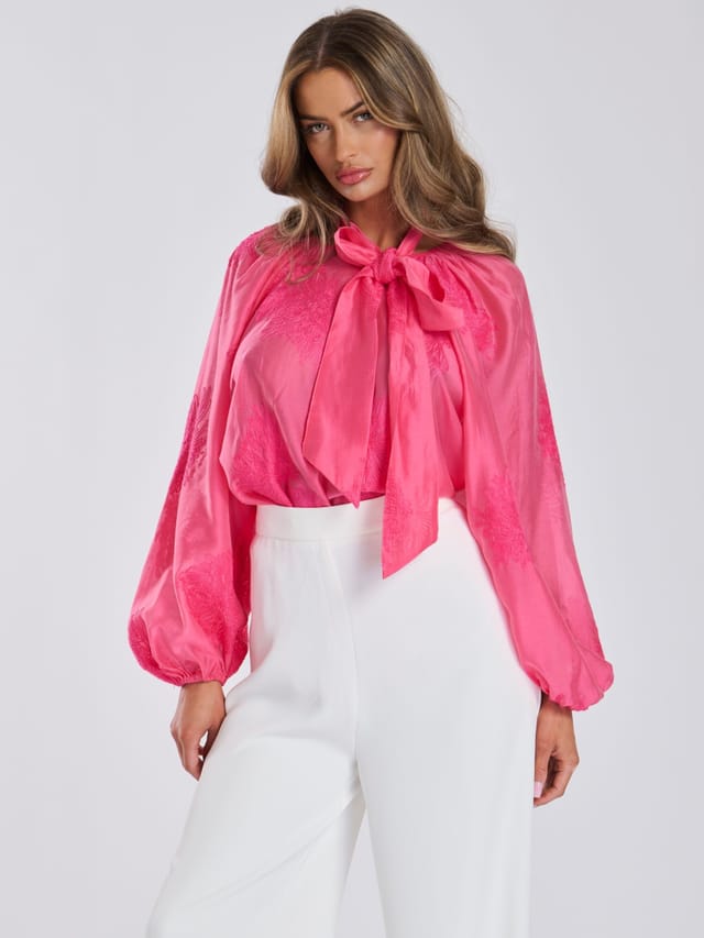 Finding Friday Finding Friday Women's Embroidered Balloon Sleeve Blouse in Dark Pink - 2