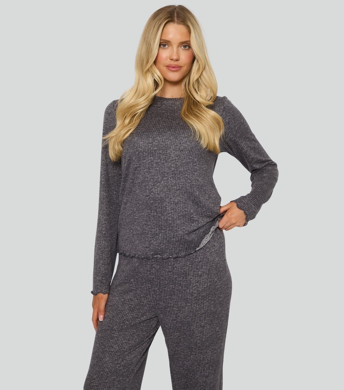 Loungeable Women's Dark Grey Rib Super Soft Brushed Marl Lettuce Trim Pyjama Set Loungeable New Look