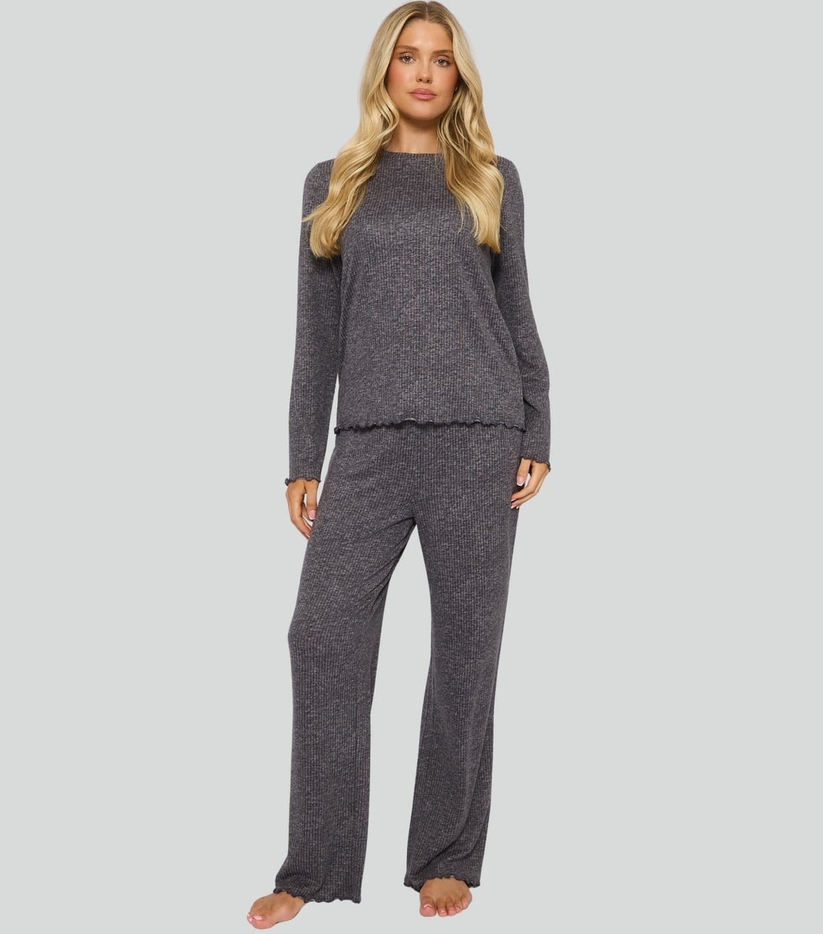 Loungeable Women's Dark Grey Rib Super Soft Brushed Marl Lettuce Trim Pyjama Set Loungeable New Look - 4