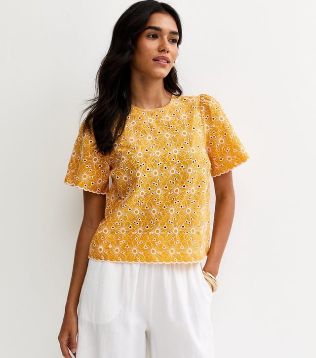 New Look Women's Yellow Cutwork Floral Crew Neck Top New Look - 2