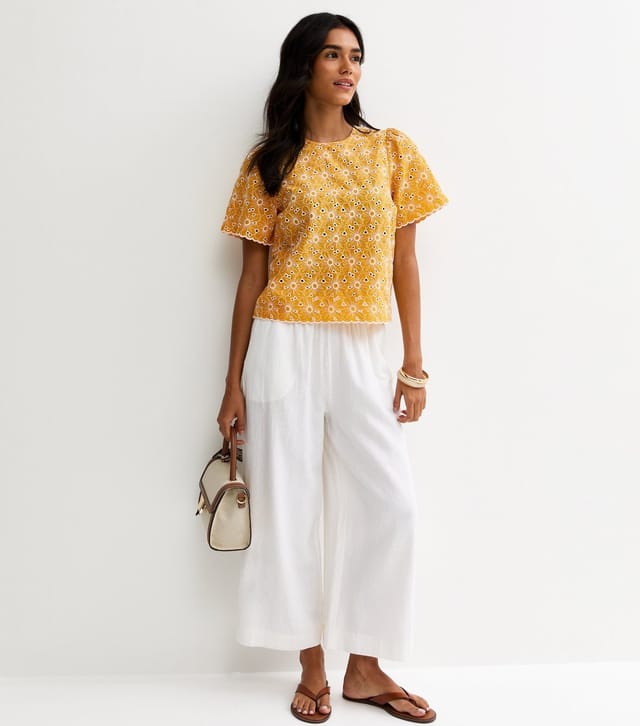 New Look Women's Yellow Cutwork Floral Crew Neck Top New Look - 3
