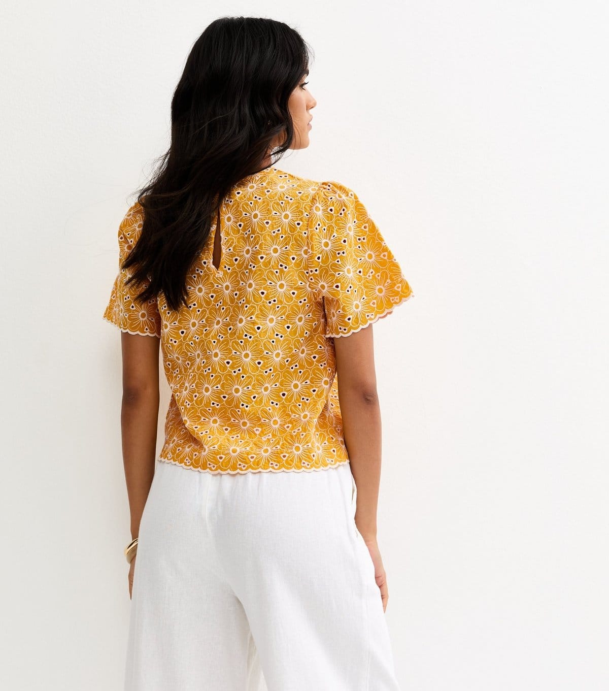 New Look Women's Yellow Cutwork Floral Crew Neck Top New Look - 4