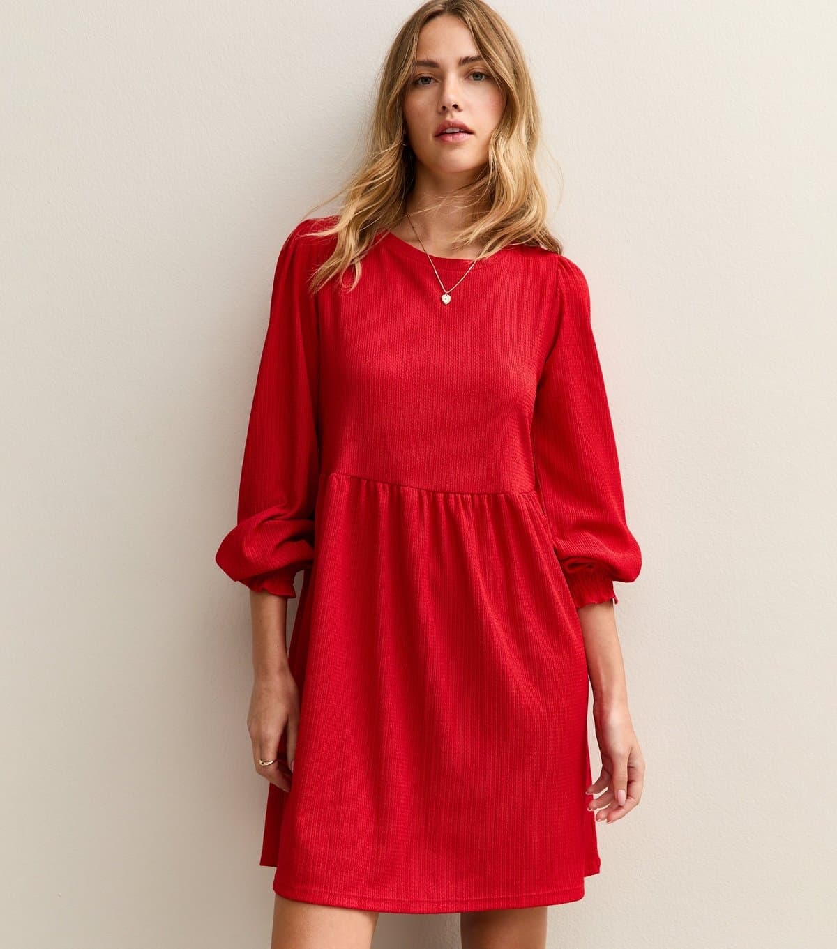 New Look Women's Bright Red Long Sleeve Smock Mini Dress New Look