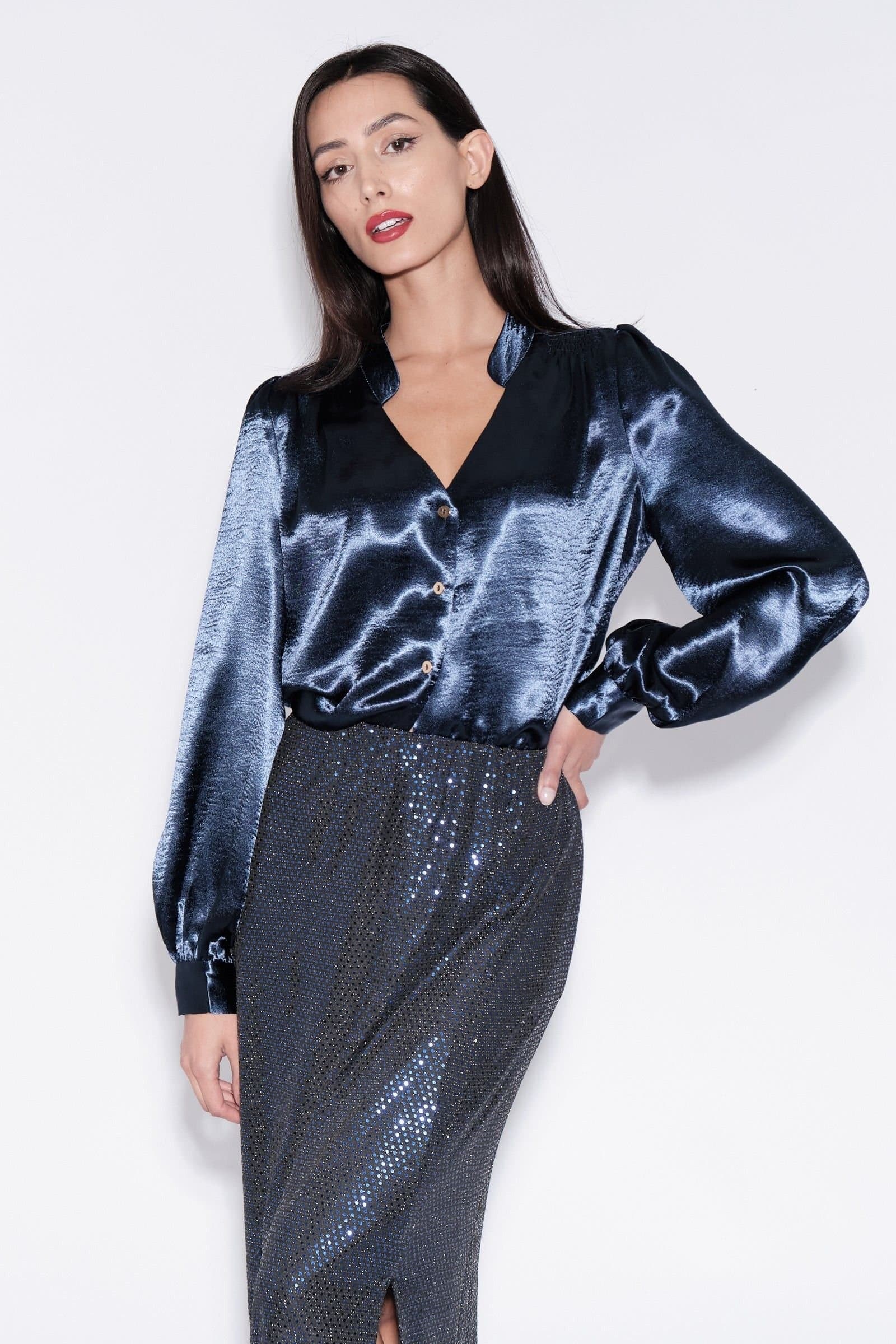 Louche Louche Navy Blue Hammered Satin V-Neck Blouse