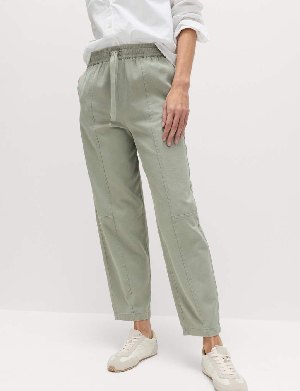 Marks & Spencer M&S Cotton Blend Pull On Tapered Trousers Soft Green - 4