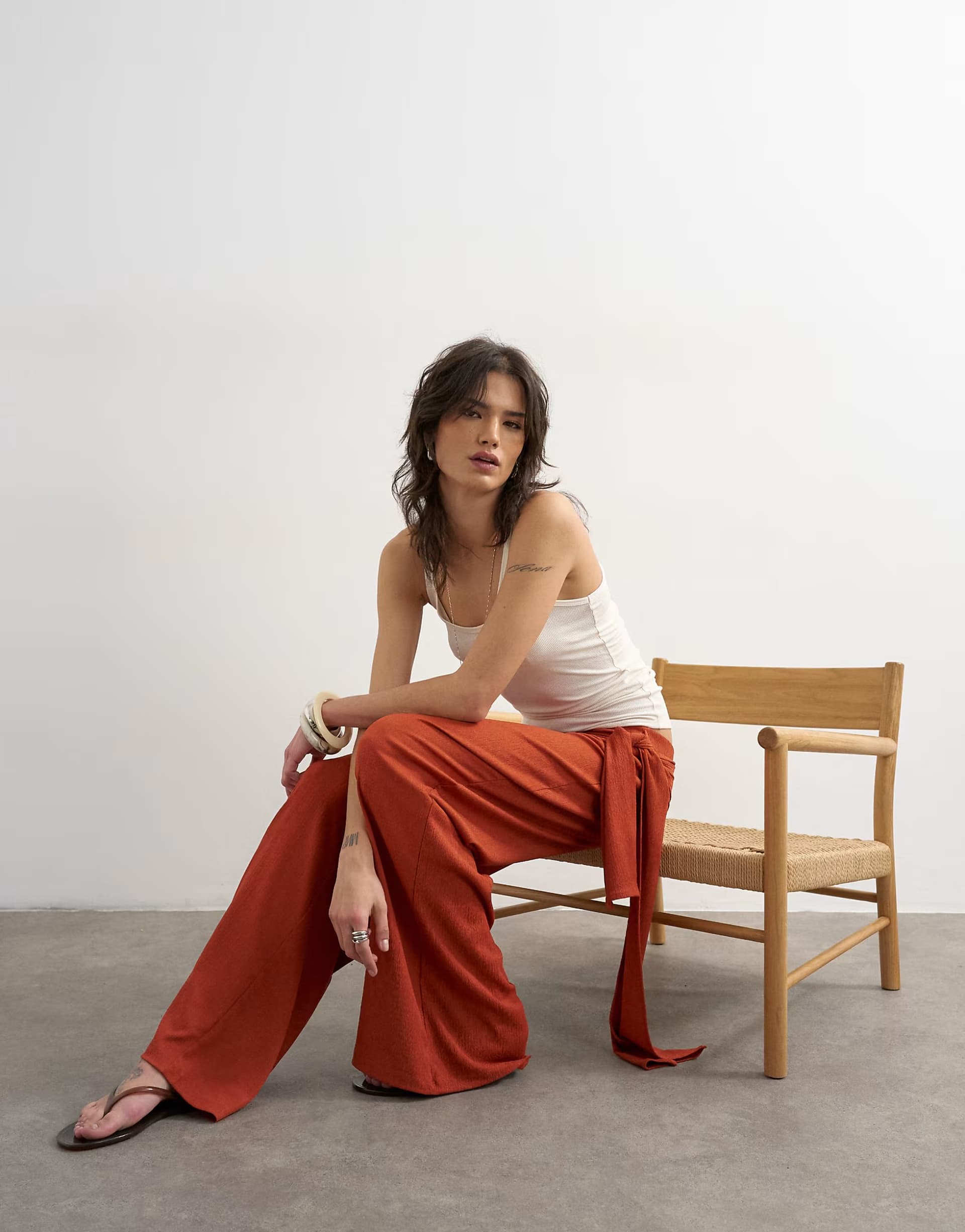 ASOS Topshop plisse wrap scarf detail trousers in rust