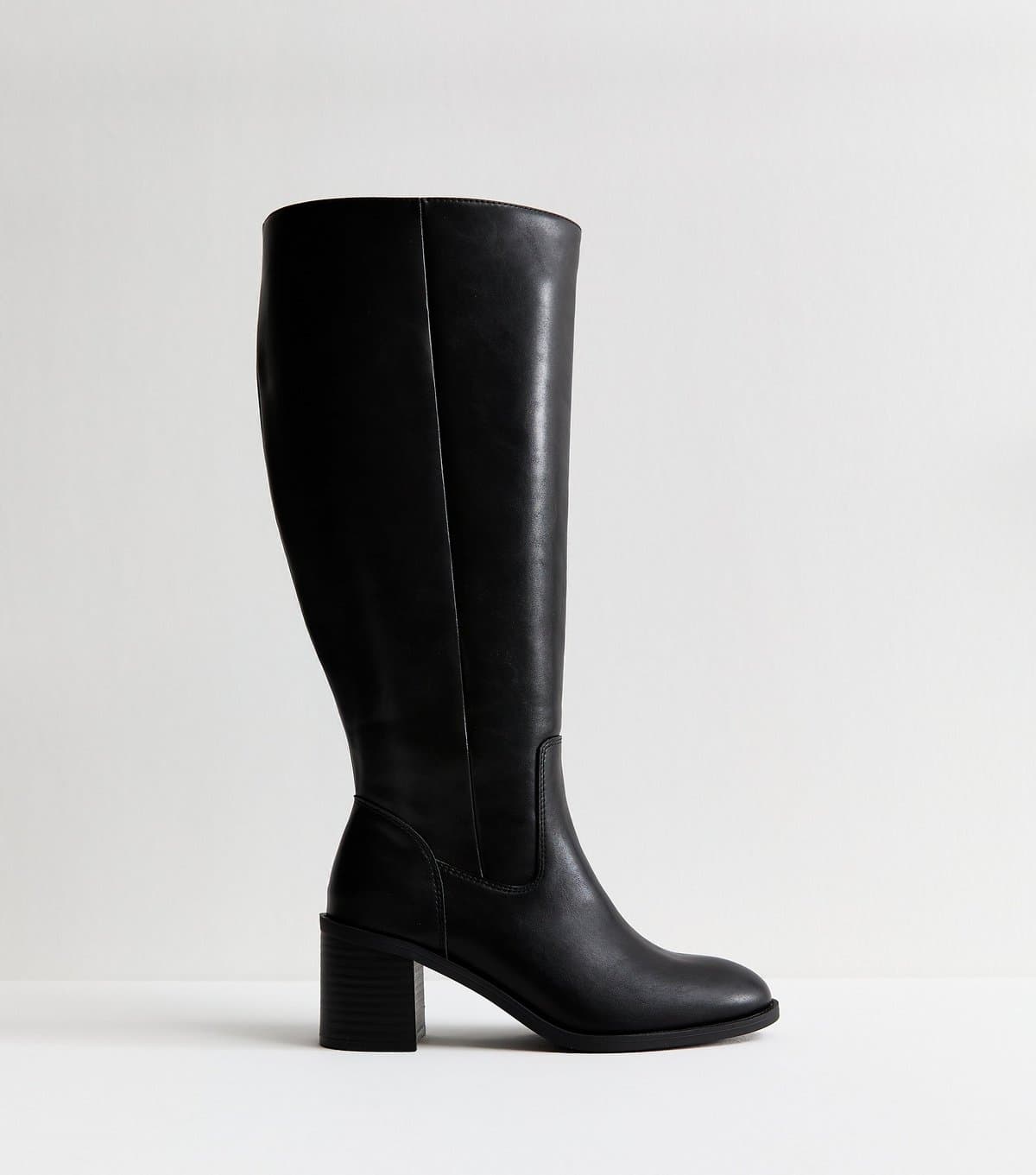 New Look Women's Extra Calf Fit Wide Fit Black Faux Leather Knee High Boots New Look