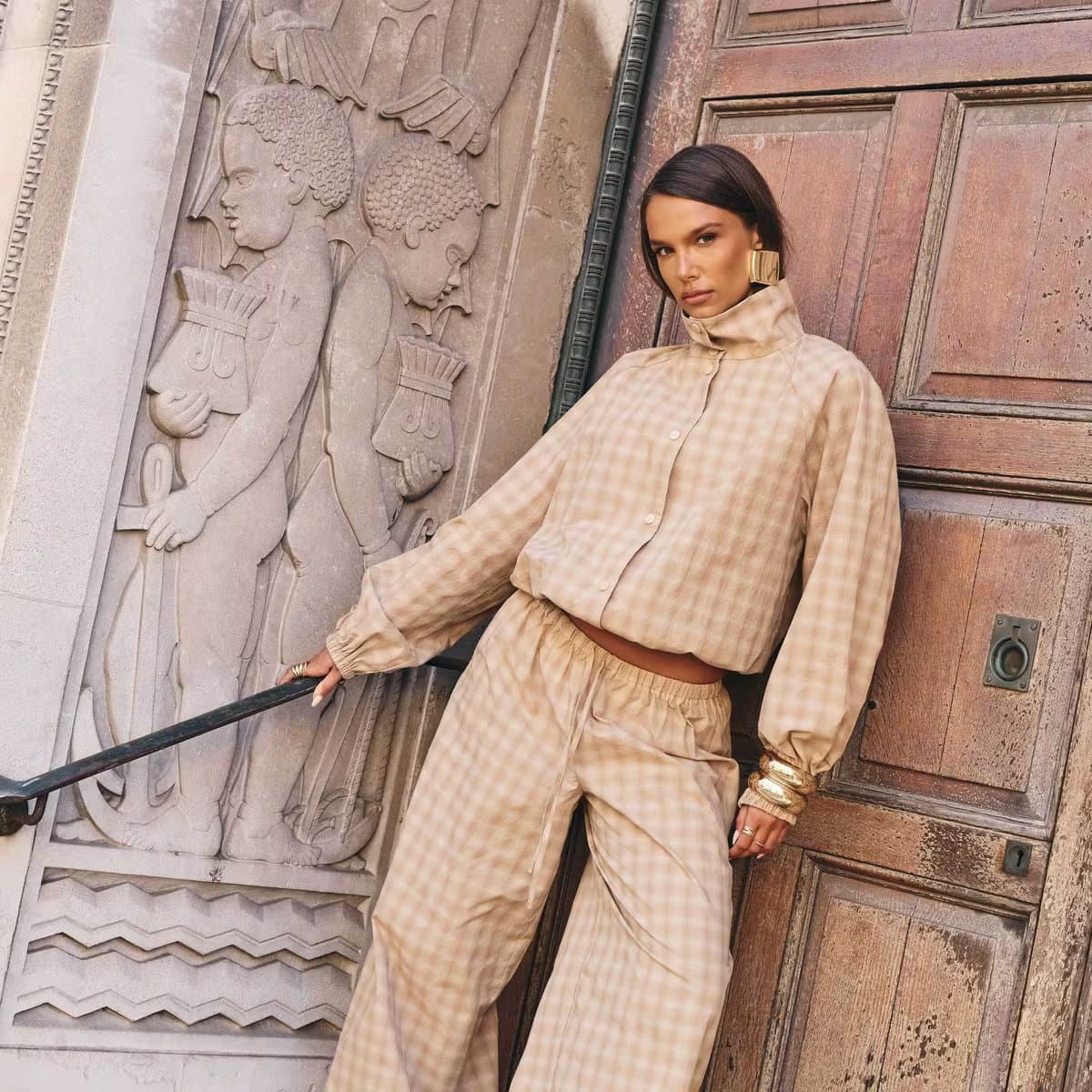 EGO Long Sleeve Funnel Neck Oversized Jacket In Taupe Check, Women's Size UK 6