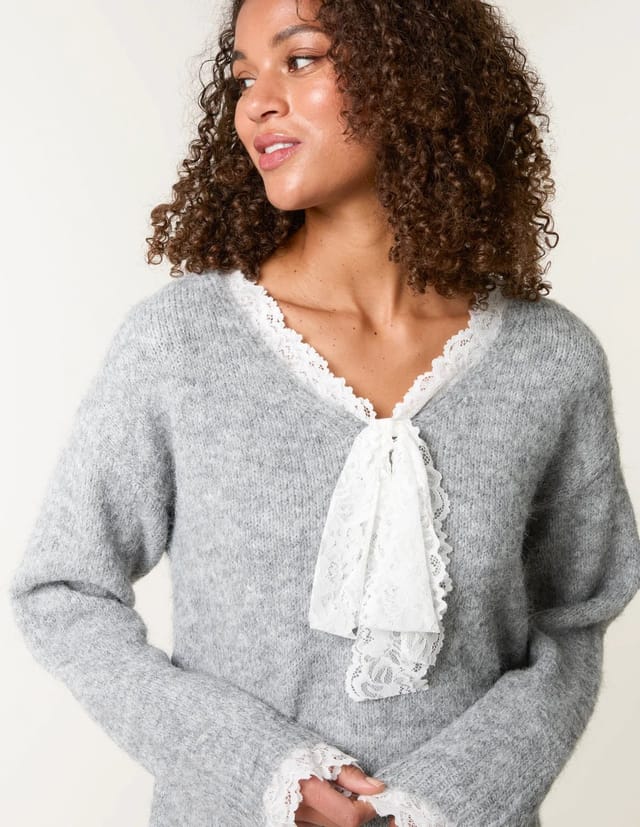 Blue Vanilla Lace Trim Pussybow Jumper - 2