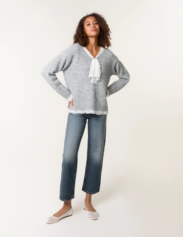 Blue Vanilla Lace Trim Pussybow Jumper - 3