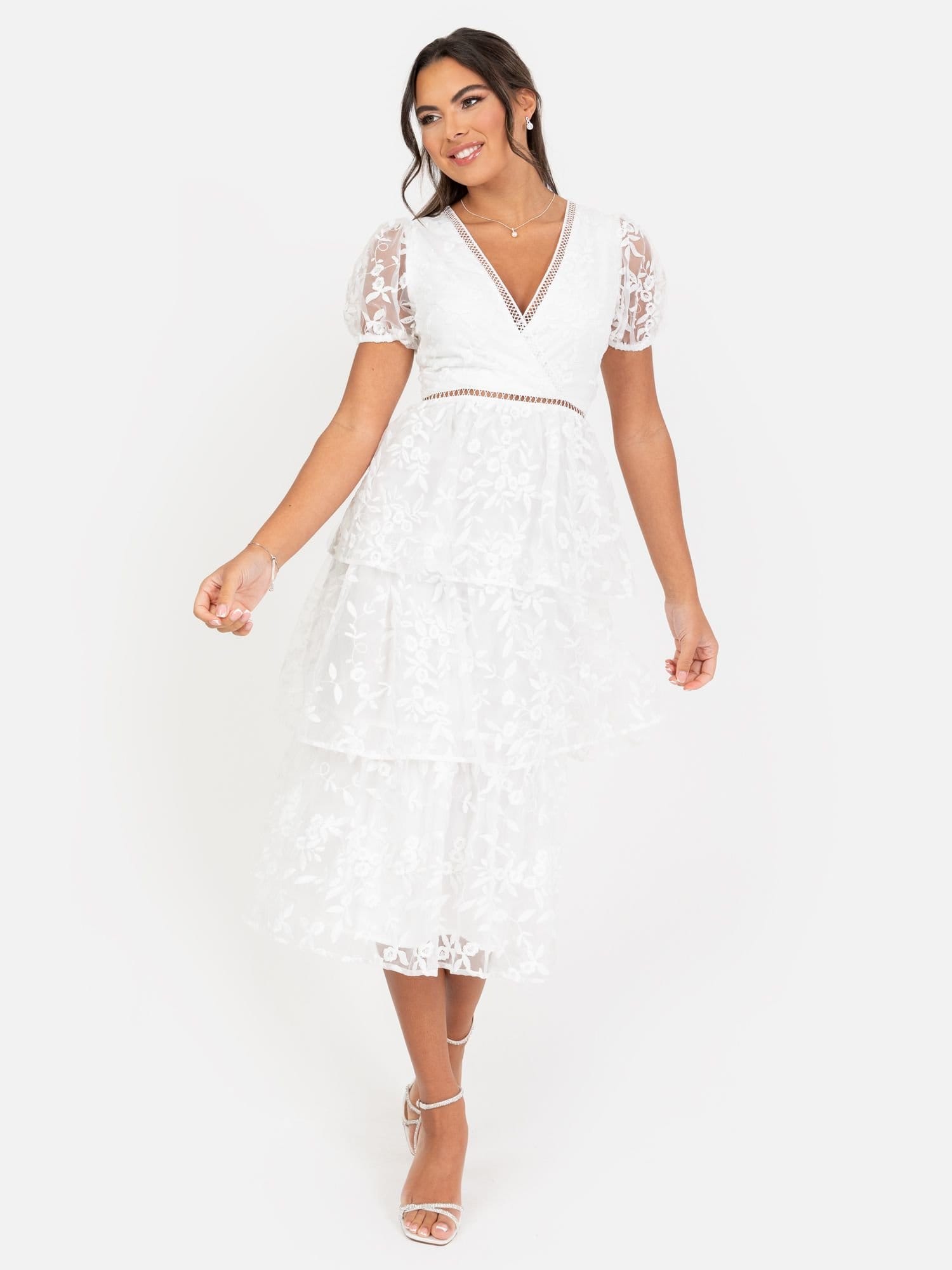 Maya Deluxe White Floral Embroidered Midi Dress