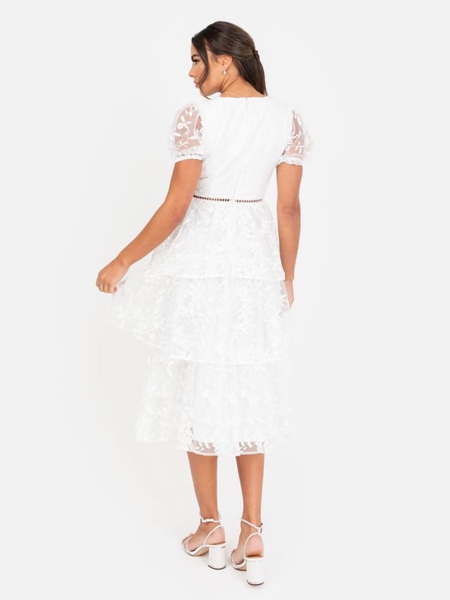 Maya Deluxe Maya Deluxe Women's Floral Embroidered Tiered Organza Midi Dress in White - 3