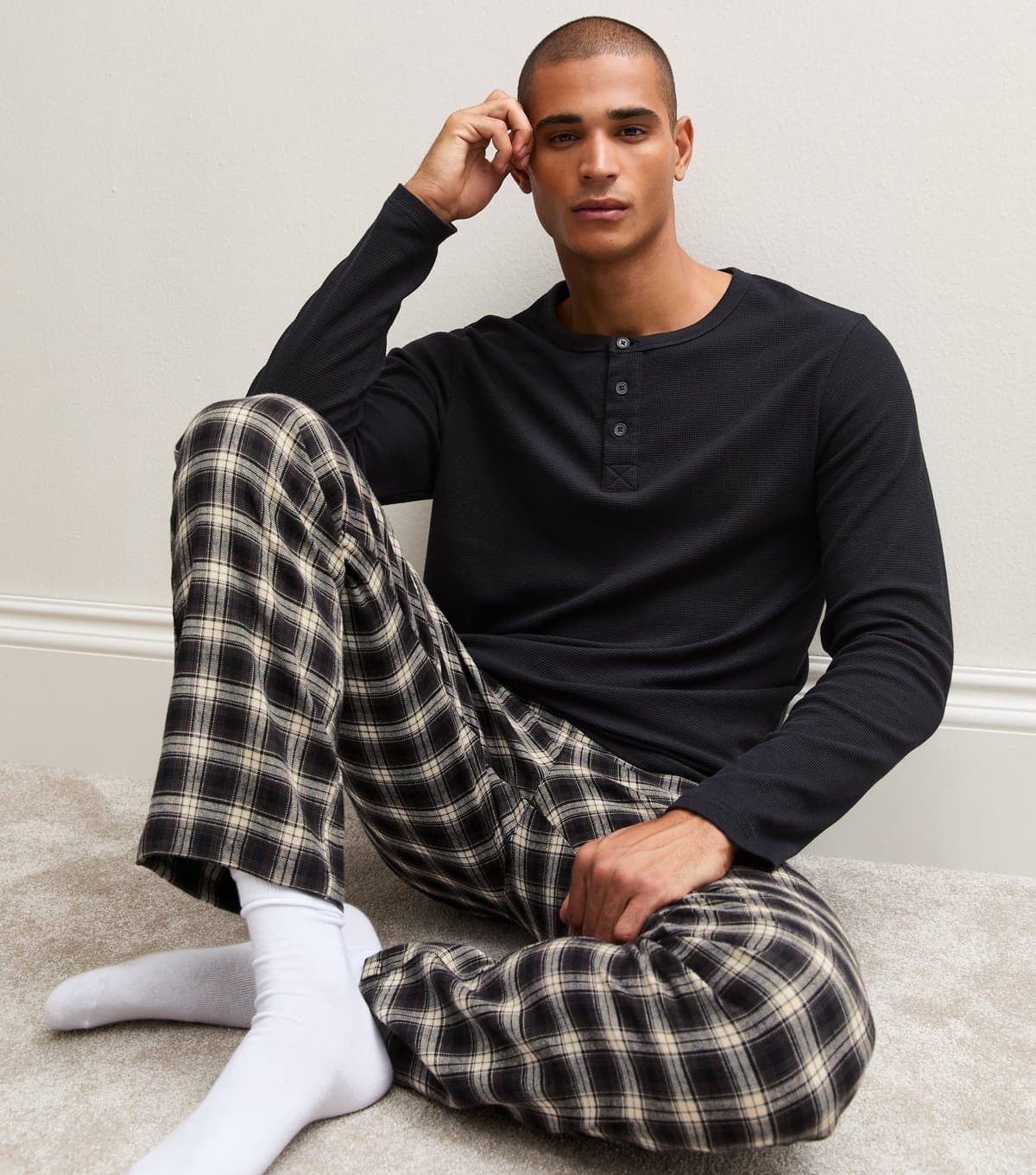 New Look Men's Black Cotton Checked Flannel Pyjama Bottoms New Look