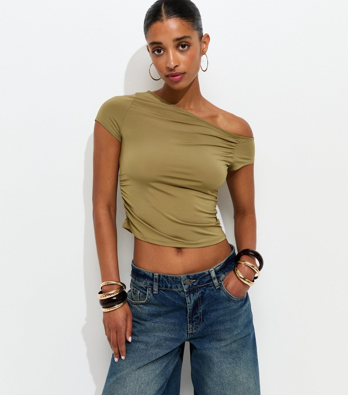 New Look Women's Light Khaki Off Shoulder Gathered Side Top New Look - 2