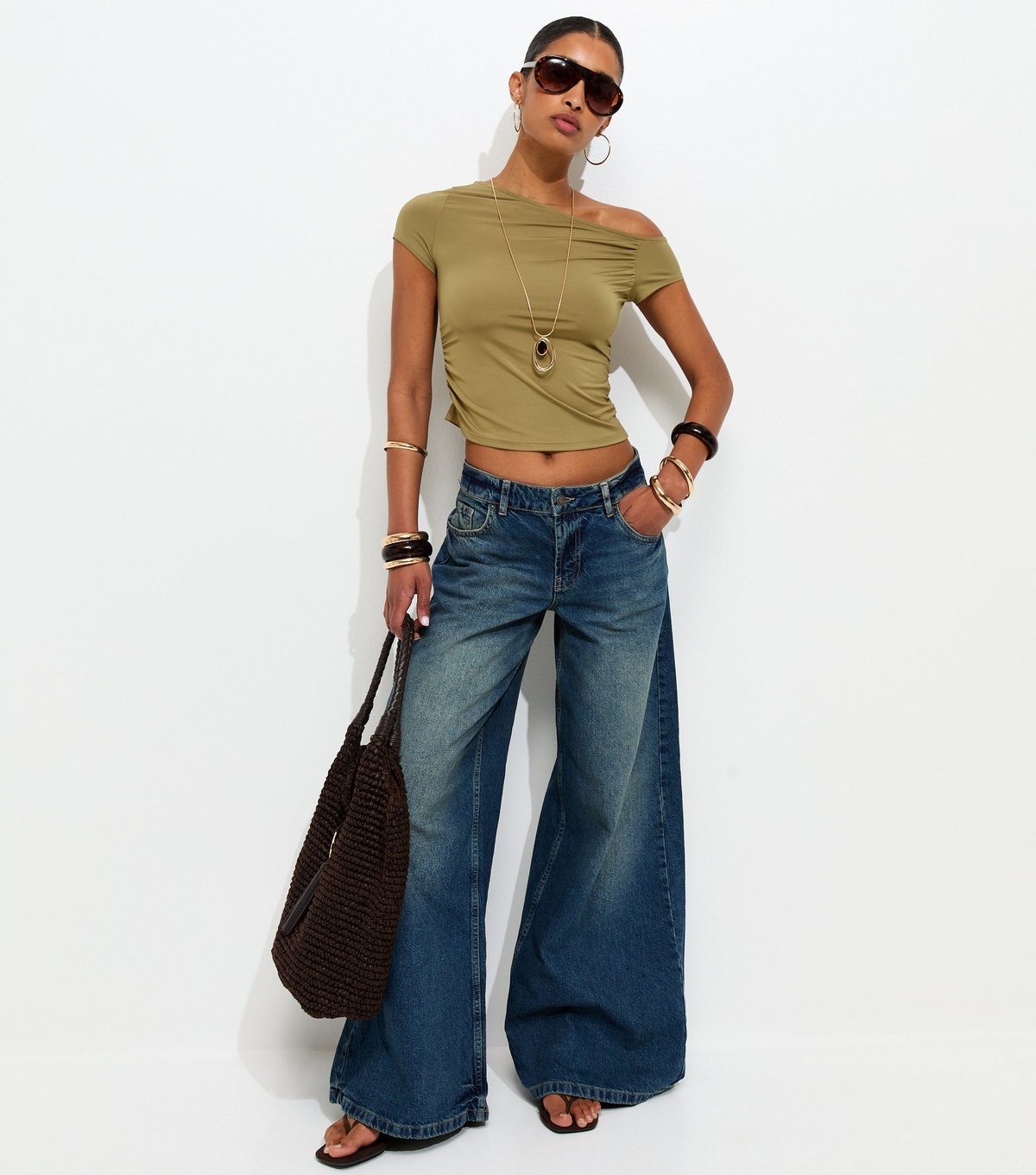 New Look Women's Light Khaki Off Shoulder Gathered Side Top New Look - 3