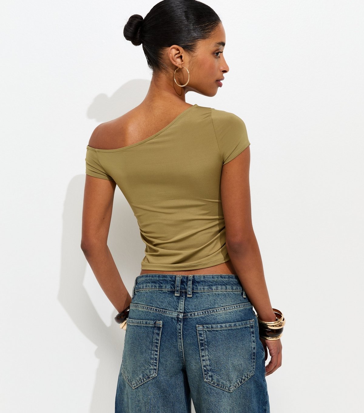 New Look Women's Light Khaki Off Shoulder Gathered Side Top New Look - 4