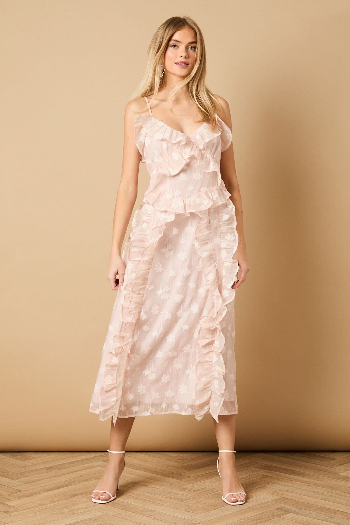 Oasis Oasis Women's Ruffle Front V Neck Strappy Midi Dress in Pink