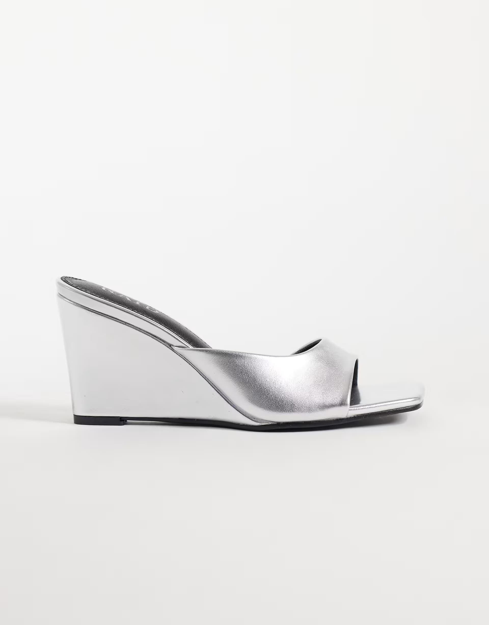 ASOS RAID Juniper faux suede heeled wedge mules in Silver