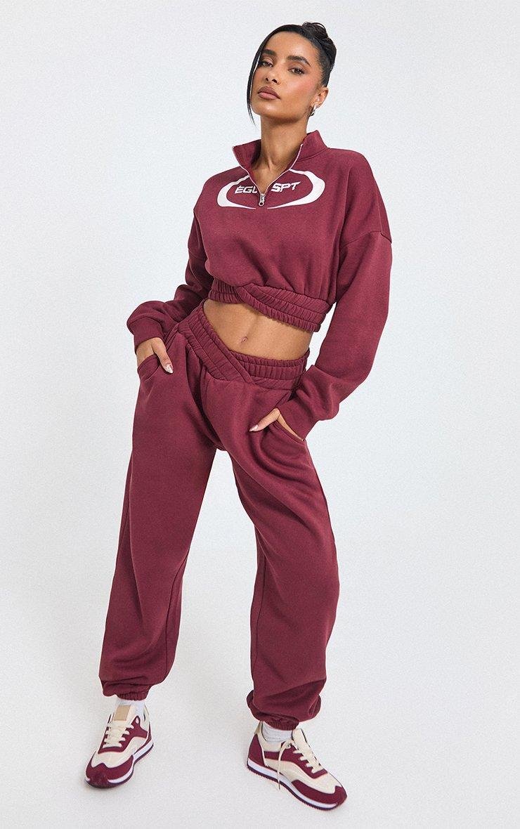 EGO Wrapped Dipped Waist Cuffed Hem Joggers In Burgundy, Women's Size UK 8 - 2