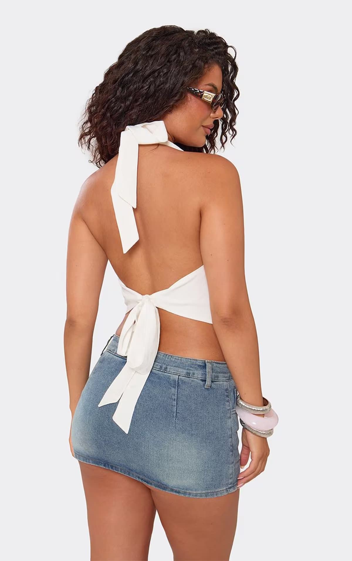 EGO Halterneck Button Up Front Top In White, Women's Size UK 6