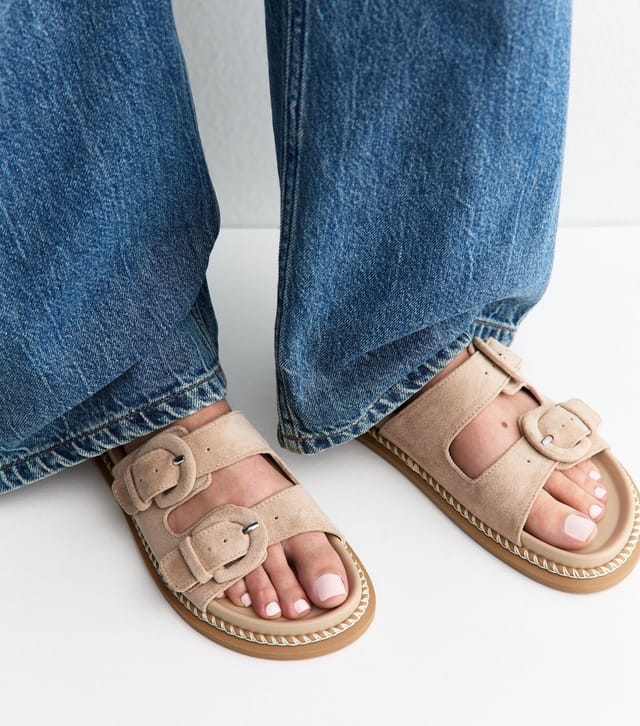 New Look Women's Light Brown Faux Suede Double Buckled Strap Sandals Vegan New Look - 2