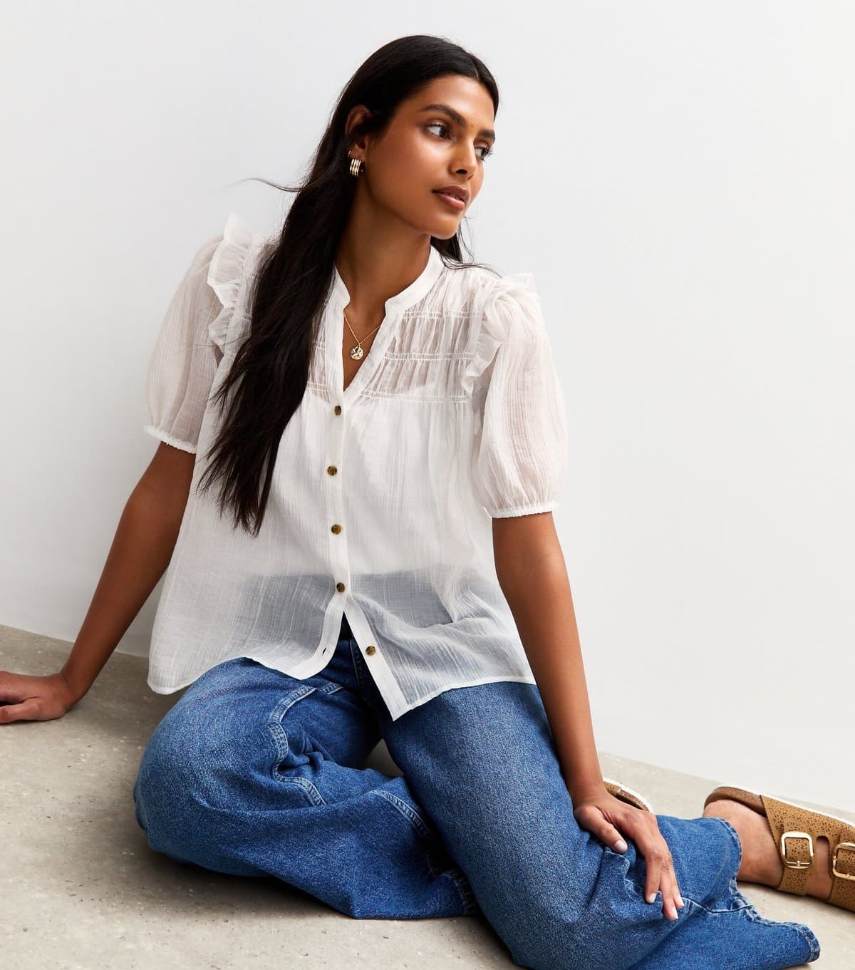 New Look New Look White Shirred Bib Frill Sleeve Shirt
