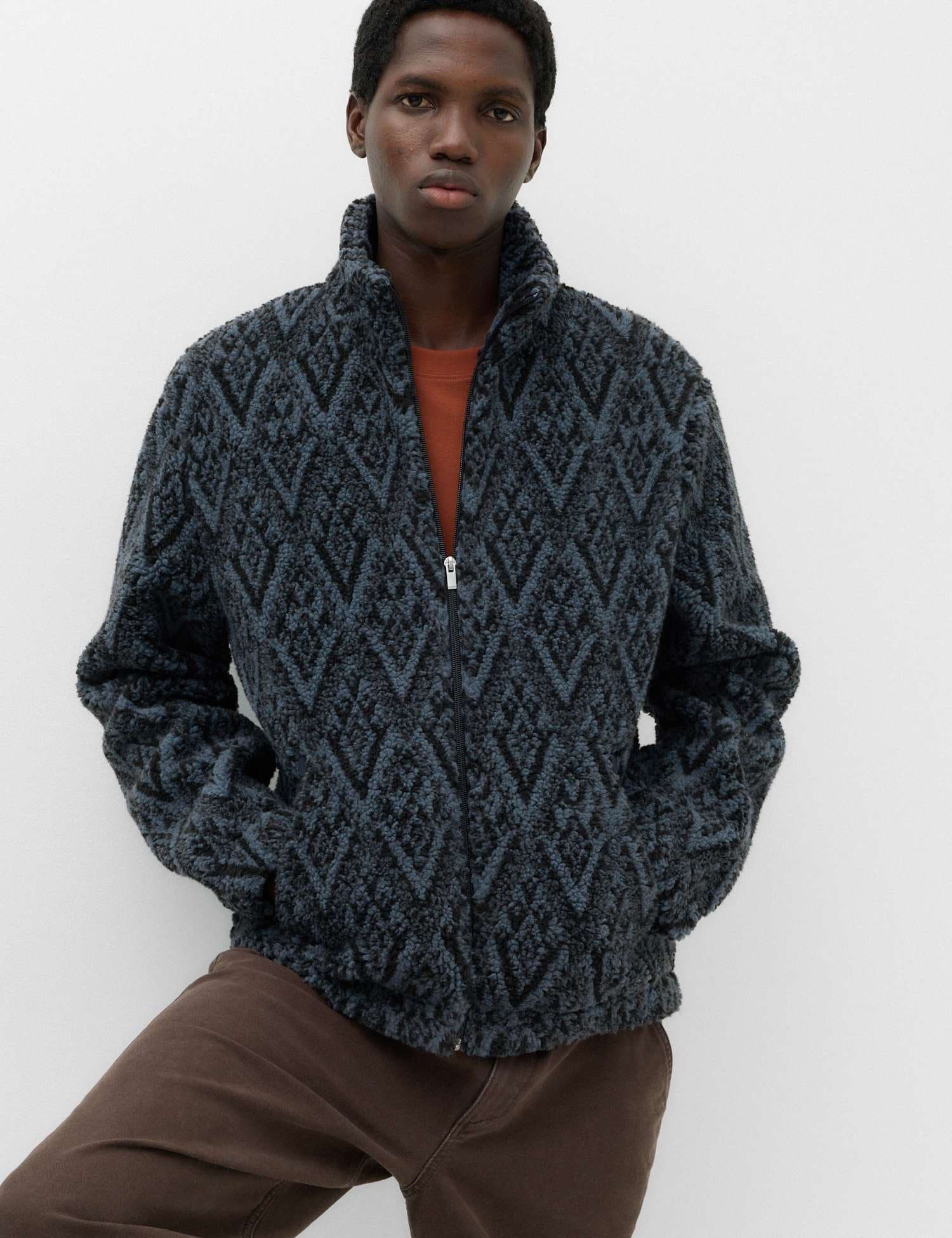 Marks & Spencer M&S Fair Isle Funnel Neck Fleece Jacket Navy Mix