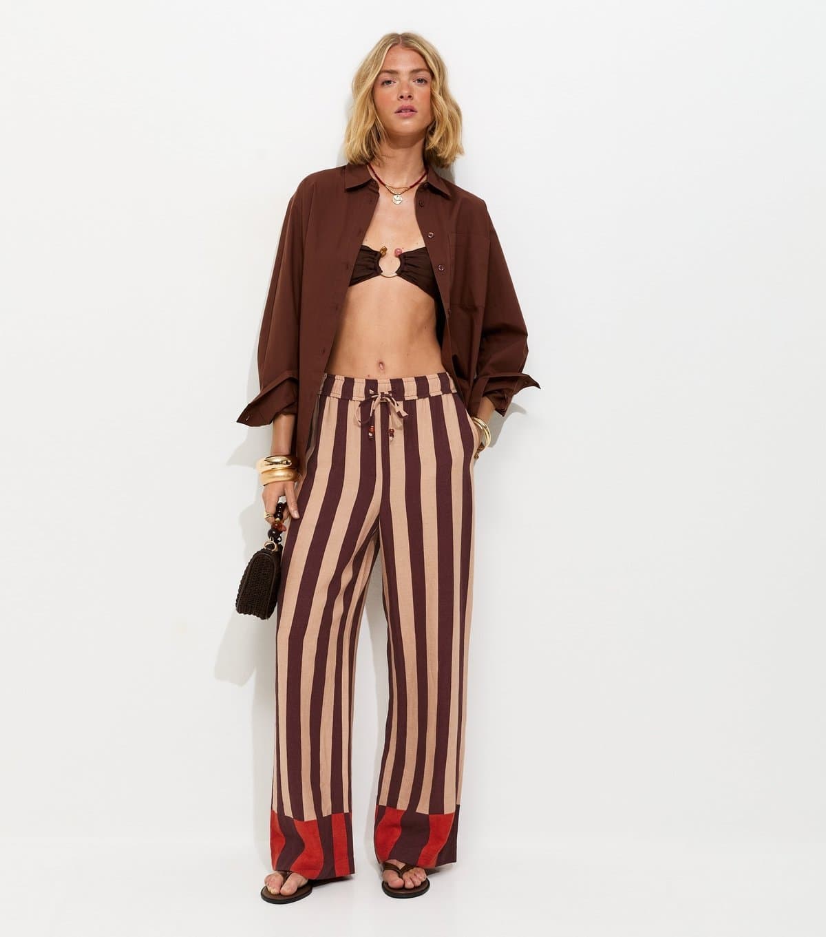New Look Women's Brown Striped With Linen Wide Leg Trousers New Look