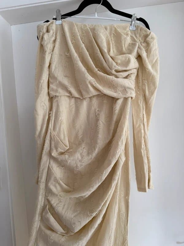 ASOS Design Cream Distressed Textured Off Shoulder Maxi Dress, NWT - Size XS, UK 6